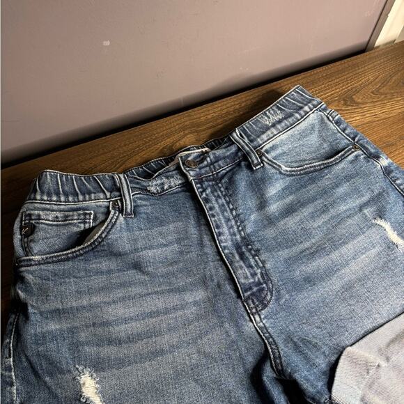 Kancan Medium Wash Denim Cuffed Shorts Distressed Detail Size 31 - Picture 3 of 6
